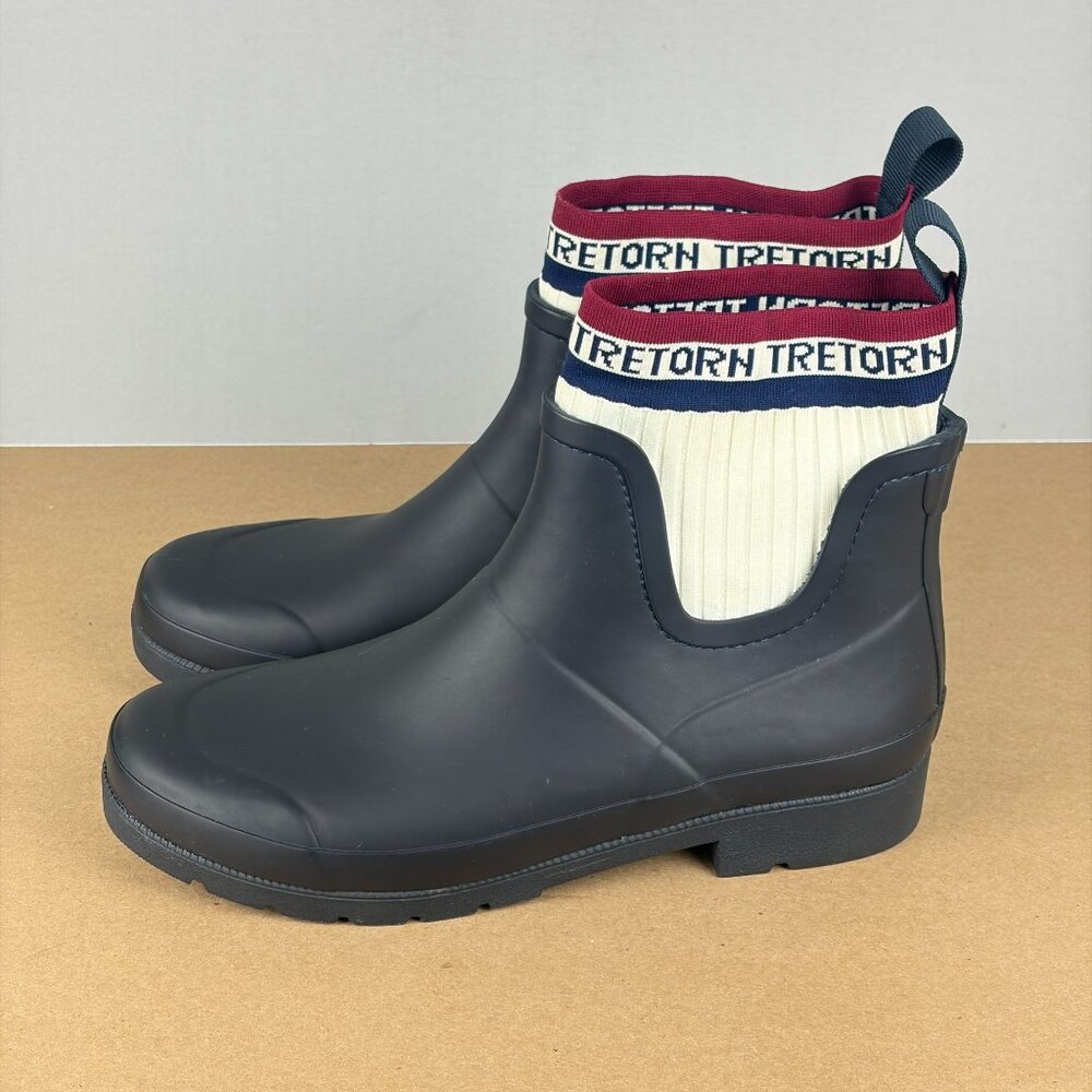Tretorn  Black Waterproof Short Rain Boots with Cream Knit Collar and Red